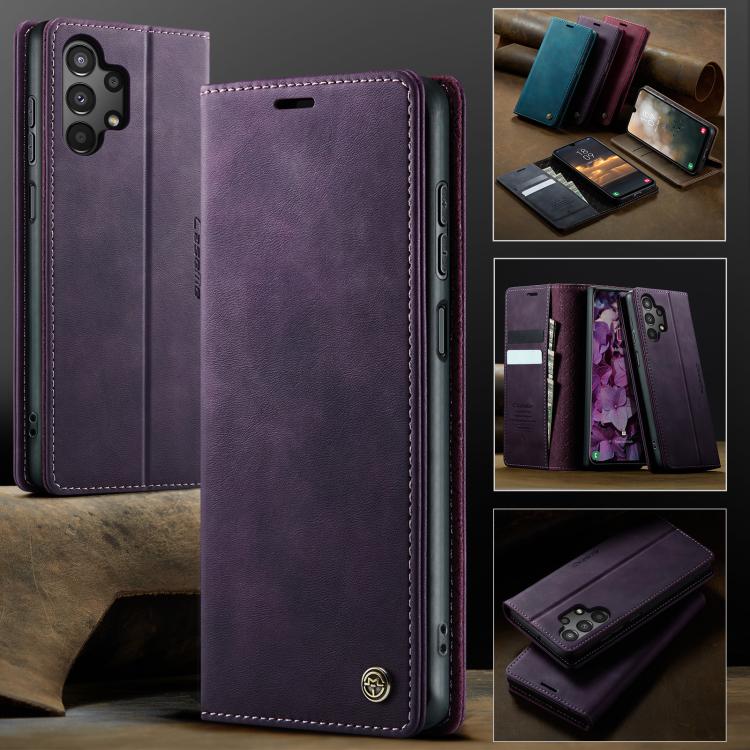 Funda CaseMe 033 para Samsung Galaxy A13/A04s, forro de piel de becerro, microfibra y bloqueo RFID (morado)