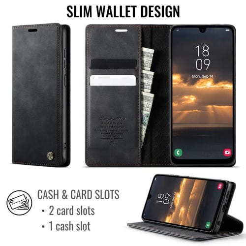 Funda CaseMe 033 para Samsung Galaxy A50s/A30s, forro de piel de becerro, microfibra y bloqueo RFID (negra)