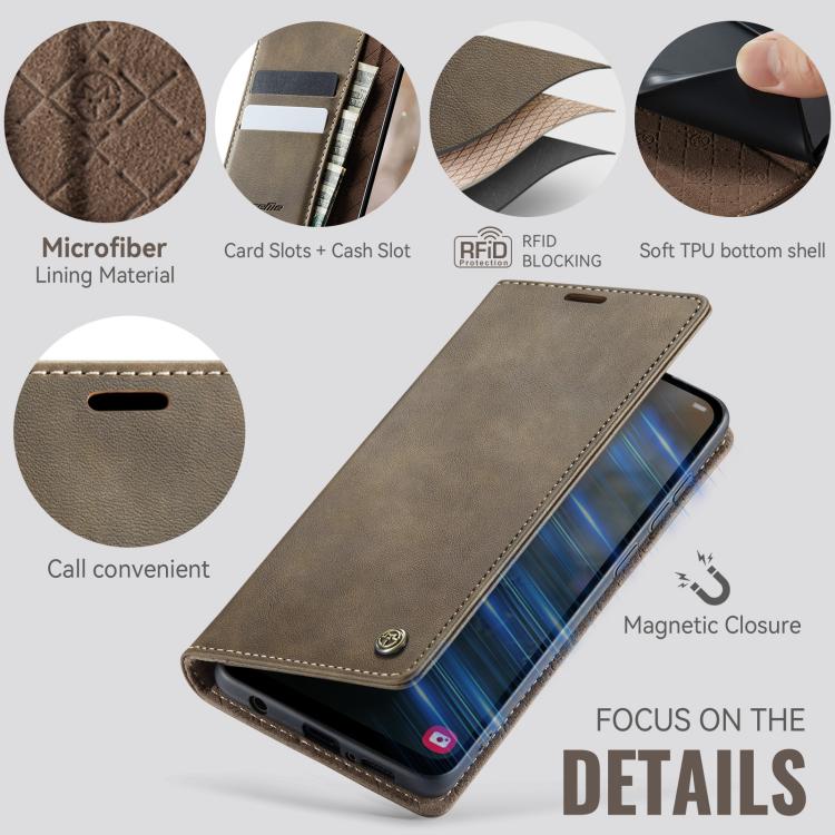 Funda CaseMe 033 para Samsung Galaxy A50s/A30s, forro de piel de becerro, microfibra y bloqueo RFID (café)