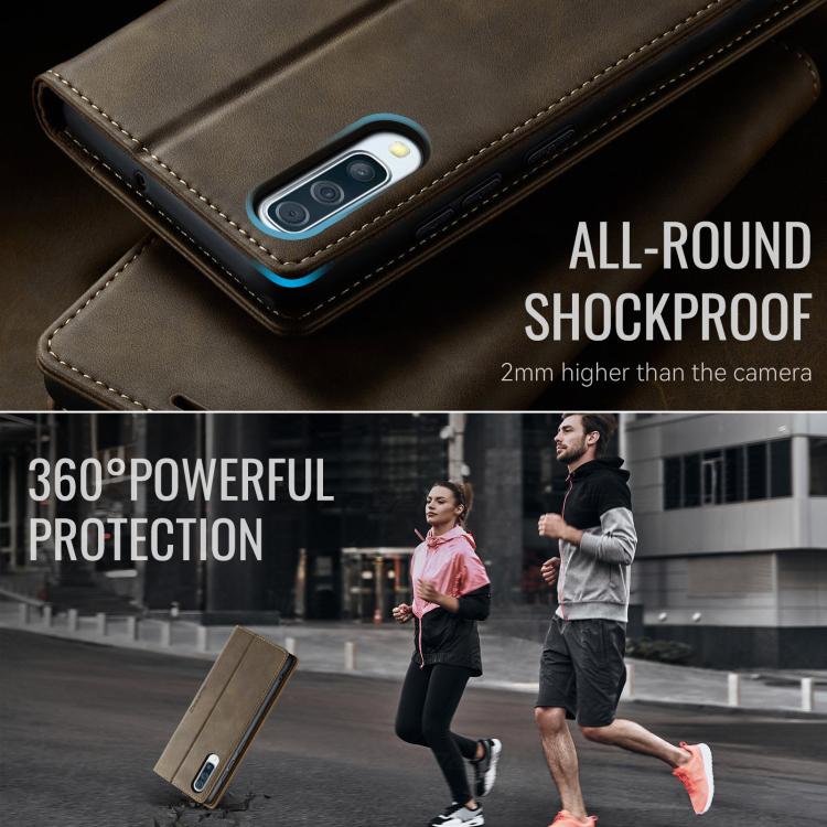 Funda CaseMe 033 para Samsung Galaxy A50s/A30s, forro de piel de becerro, microfibra y bloqueo RFID (café)