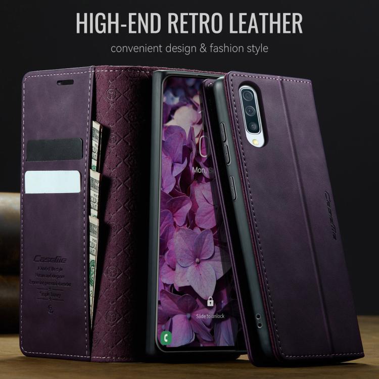 Funda CaseMe 033 para Samsung Galaxy A50s/A30s, forro de piel de becerro, microfibra y bloqueo RFID (morado)