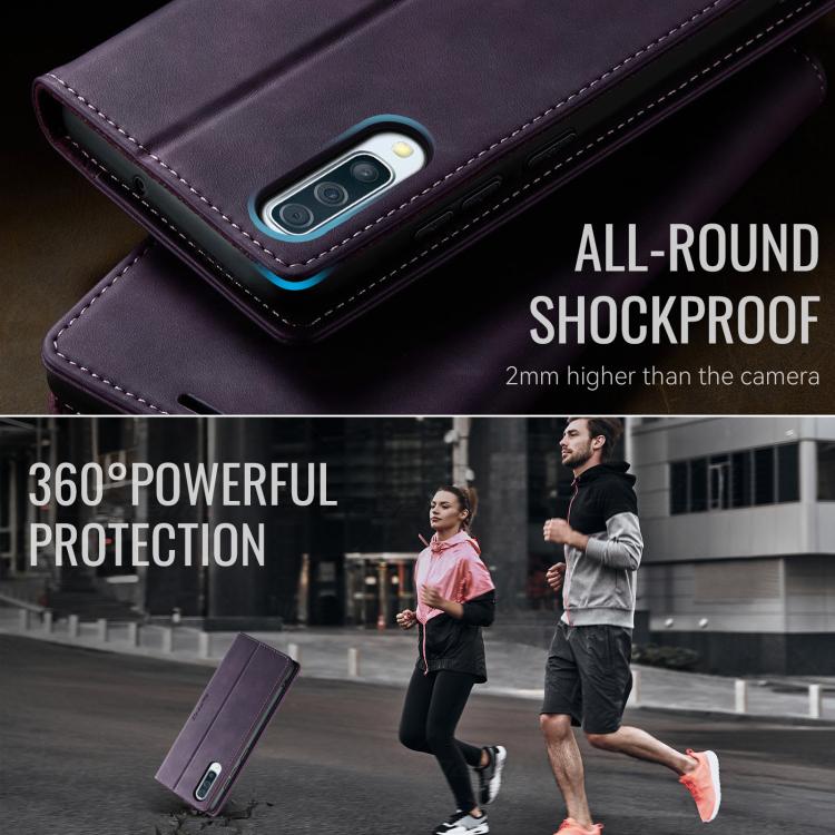 Funda CaseMe 033 para Samsung Galaxy A50s/A30s, forro de piel de becerro, microfibra y bloqueo RFID (morado)