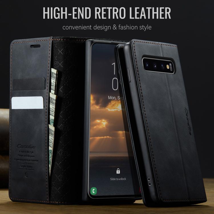 Funda CaseMe 033 para Samsung Galaxy S10+, forro de piel de becerro, microfibra y bloqueo RFID (negra)