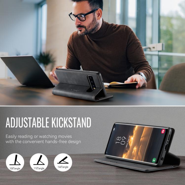 Funda CaseMe 033 para Samsung Galaxy S10+, forro de piel de becerro, microfibra y bloqueo RFID (negra)