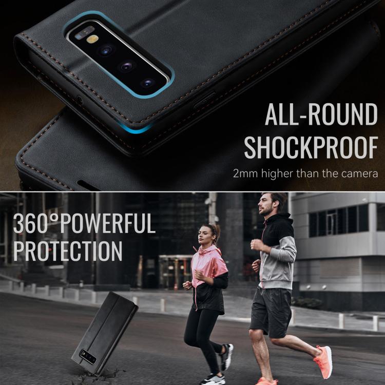 Funda CaseMe 033 para Samsung Galaxy S10+, forro de piel de becerro, microfibra y bloqueo RFID (negra)