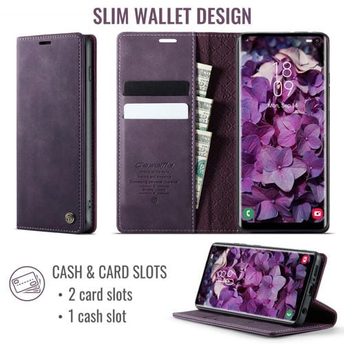 Funda CaseMe 033 para Samsung Galaxy S10+, forro de piel de becerro, microfibra, con bloqueo RFID (morado)