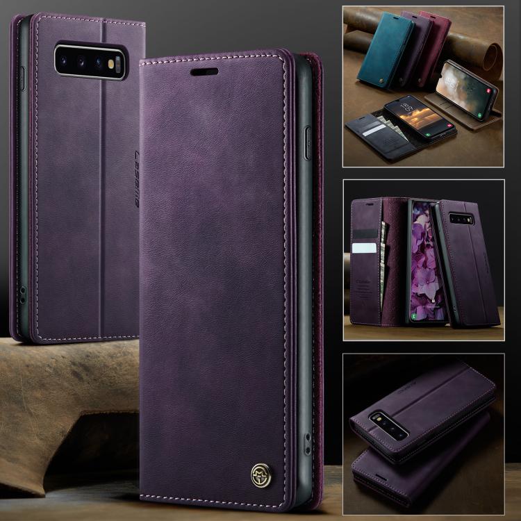 Funda CaseMe 033 para Samsung Galaxy S10+, forro de piel de becerro, microfibra, con bloqueo RFID (morado)