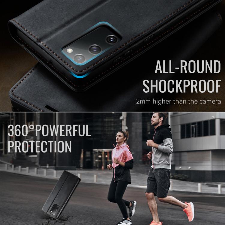 Funda CaseMe 033 para Samsung Galaxy S20 FE, forro de piel de becerro, microfibra, con bloqueo RFID (negra)