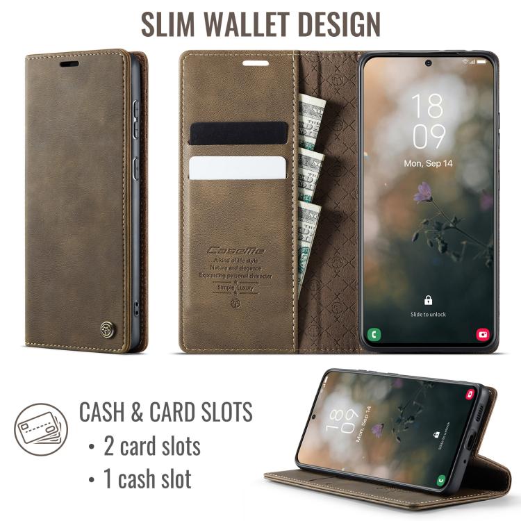 Funda CaseMe 033 para Samsung Galaxy S20 FE, forro de piel de becerro, microfibra y bloqueo RFID (café)