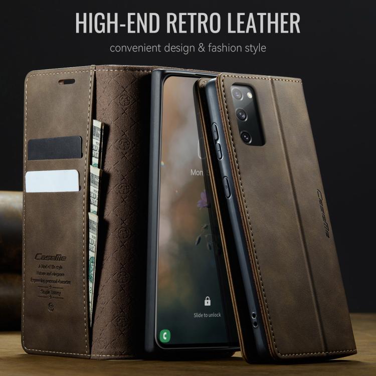 Funda CaseMe 033 para Samsung Galaxy S20 FE, forro de piel de becerro, microfibra y bloqueo RFID (café)
