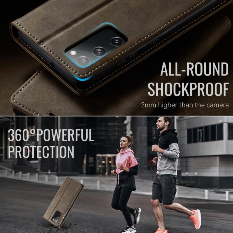 Funda CaseMe 033 para Samsung Galaxy S20 FE, forro de piel de becerro, microfibra y bloqueo RFID (café)