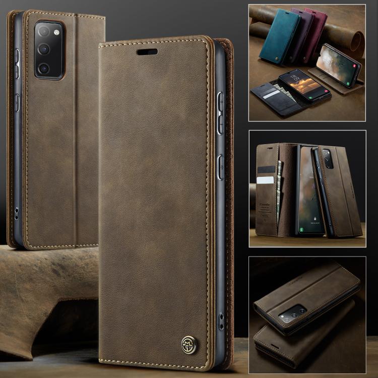 Funda CaseMe 033 para Samsung Galaxy S20 FE, forro de piel de becerro, microfibra y bloqueo RFID (café)
