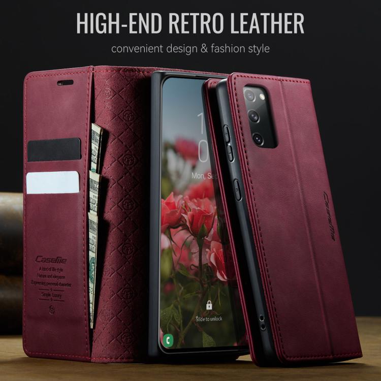 Funda CaseMe 033 para Samsung Galaxy S20 FE, forro de piel de becerro, microfibra, con bloqueo RFID (roja)