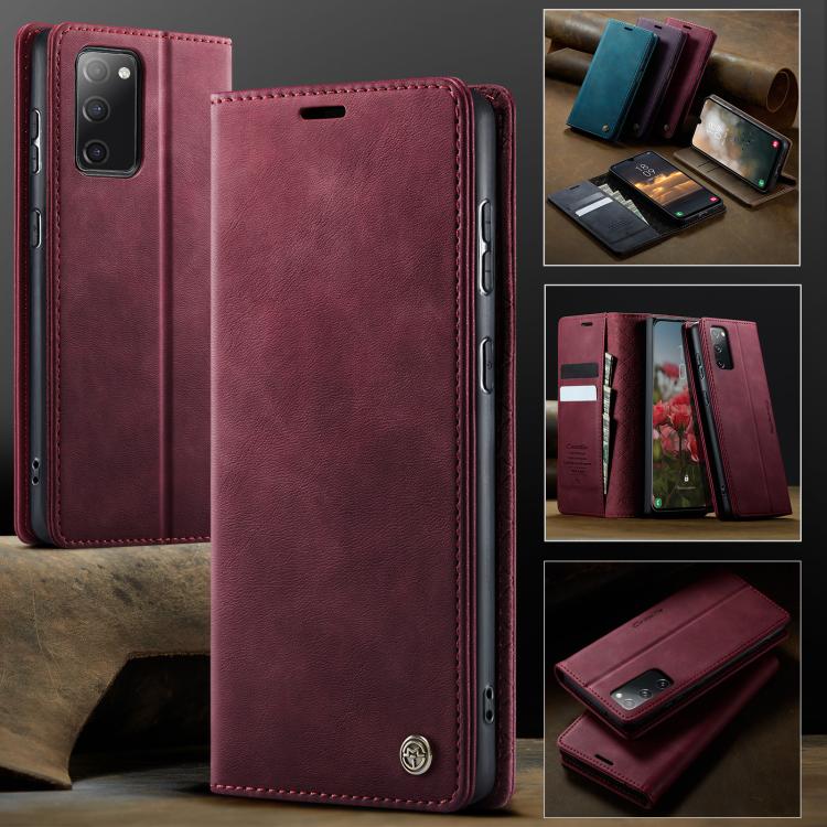 Funda CaseMe 033 para Samsung Galaxy S20 FE, forro de piel de becerro, microfibra, con bloqueo RFID (roja)
