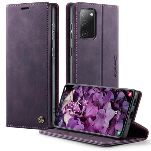 Funda CaseMe 033 para Samsung Galaxy S20 FE, forro de piel de becerro, microfibra, con bloqueo RFID (morado)