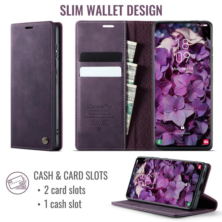 Funda CaseMe 033 para Samsung Galaxy S20 FE, forro de piel de becerro, microfibra, con bloqueo RFID (morado)