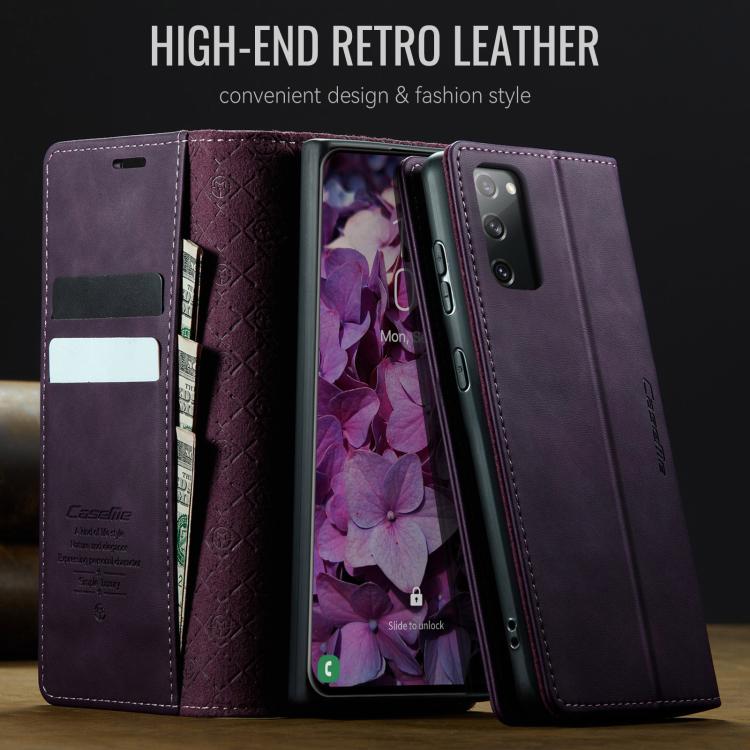Funda CaseMe 033 para Samsung Galaxy S20 FE, forro de piel de becerro, microfibra, con bloqueo RFID (morado)
