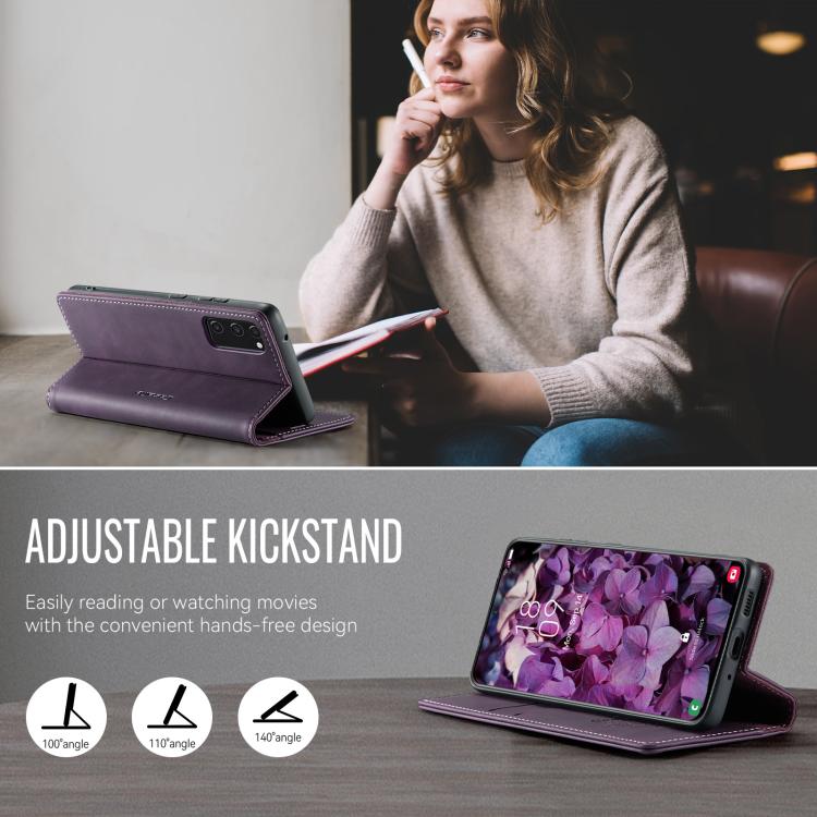 Funda CaseMe 033 para Samsung Galaxy S20 FE, forro de piel de becerro, microfibra, con bloqueo RFID (morado)