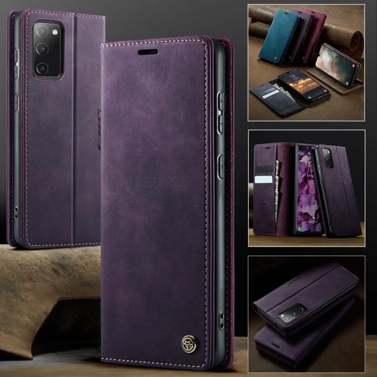 Funda CaseMe 033 para Samsung Galaxy S20 FE, forro de piel de becerro, microfibra, con bloqueo RFID (morado)