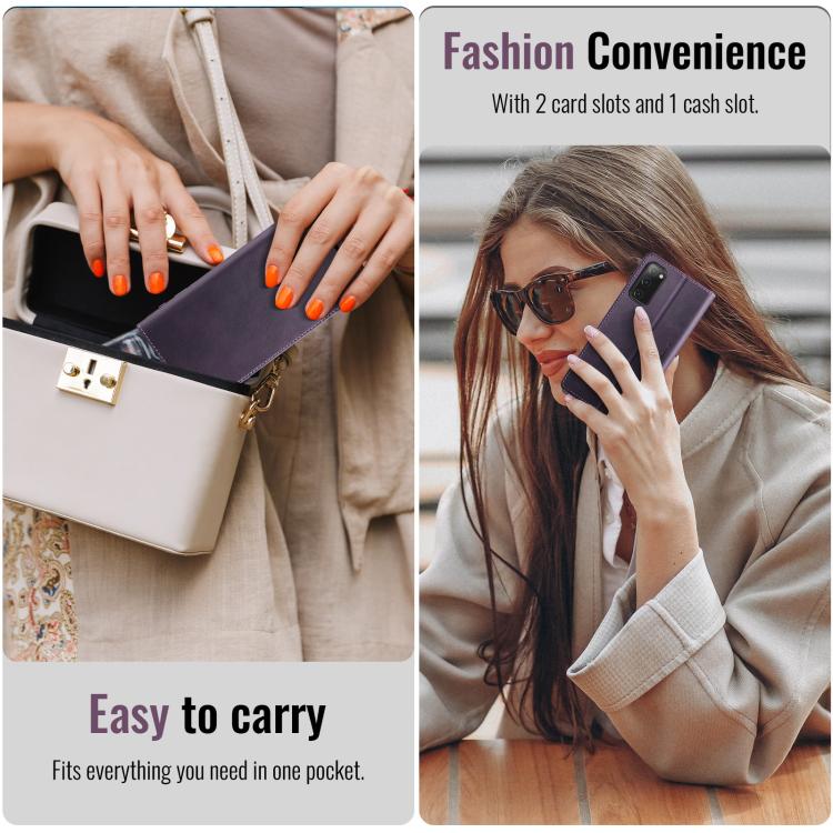 Funda CaseMe 033 para Samsung Galaxy S20 FE, forro de piel de becerro, microfibra, con bloqueo RFID (morado)