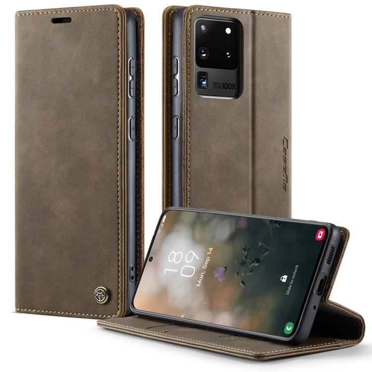 Funda para Samsung Galaxy S20 Ultra CaseMe 033 con forro de piel de becerro, microfibra y bloqueo RFID (café)