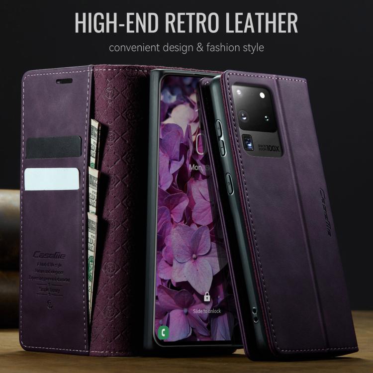 Funda CaseMe 033 para Samsung Galaxy S20 Ultra, forro de piel de becerro, microfibra y bloqueo RFID (morado)