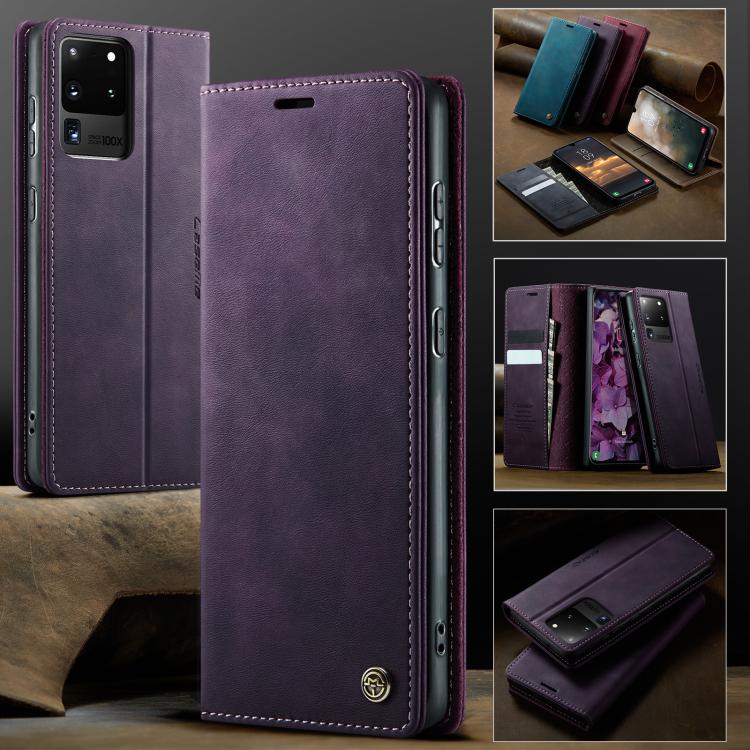 Funda CaseMe 033 para Samsung Galaxy S20 Ultra, forro de piel de becerro, microfibra y bloqueo RFID (morado)