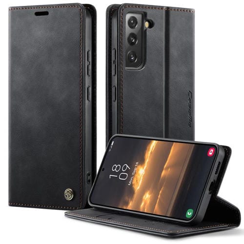 Funda CaseMe 033 para Samsung Galaxy S22 5G, forro de piel de becerro, microfibra, con bloqueo RFID (negra)