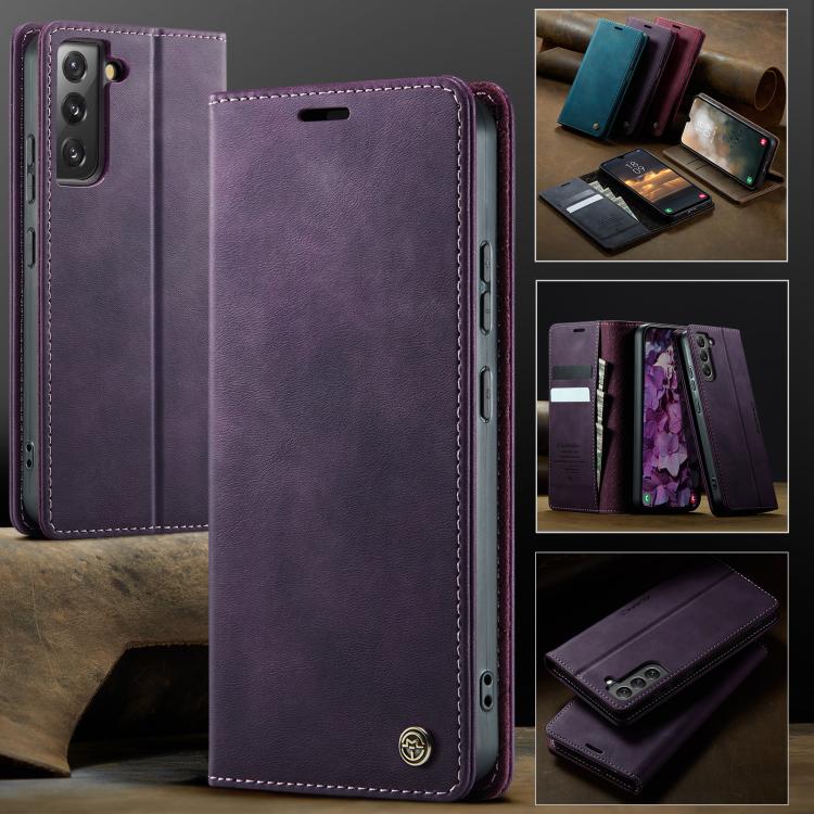 Funda para Samsung Galaxy S22 5G CaseMe 033 con forro de piel de becerro, microfibra y bloqueo RFID (morado)