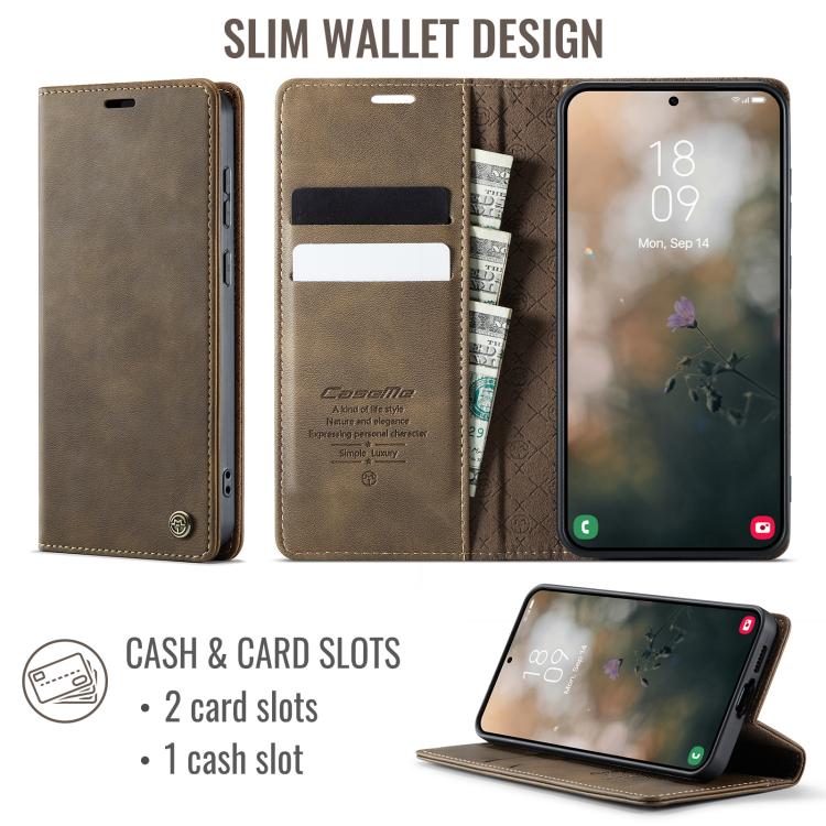 Funda CaseMe 033 para Samsung Galaxy S23 5G, forro de piel de becerro, microfibra y bloqueo RFID (café)