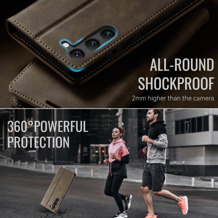 Funda CaseMe 033 para Samsung Galaxy S23 5G, forro de piel de becerro, microfibra y bloqueo RFID (café)