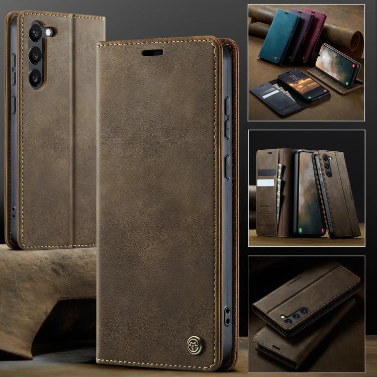 Funda CaseMe 033 para Samsung Galaxy S23 5G, forro de piel de becerro, microfibra y bloqueo RFID (café)
