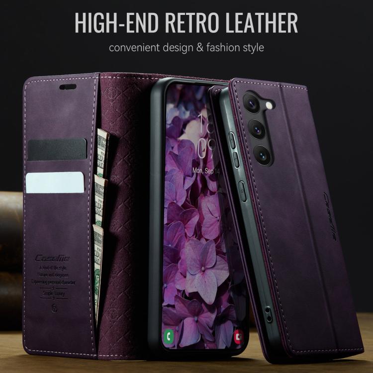 Funda CaseMe 033 para Samsung Galaxy S23+ 5G, forro de piel de becerro, microfibra, con bloqueo RFID (morado)