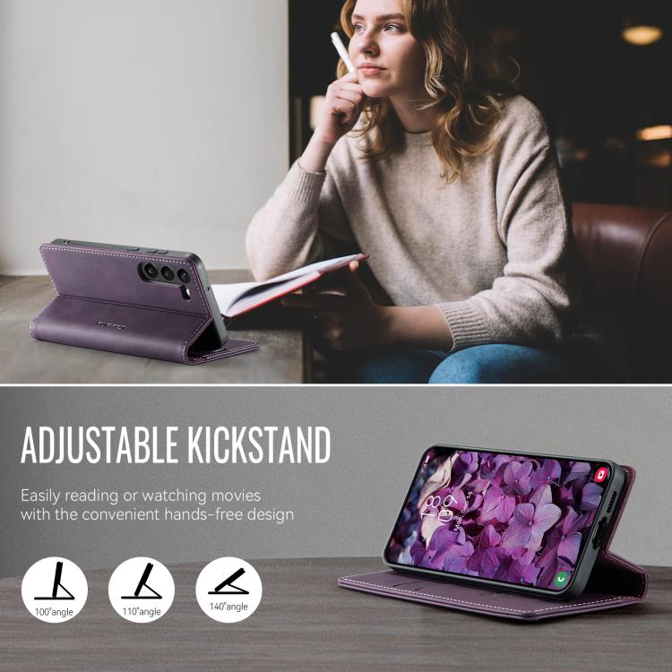 Funda CaseMe 033 para Samsung Galaxy S23+ 5G, forro de piel de becerro, microfibra, con bloqueo RFID (morado)