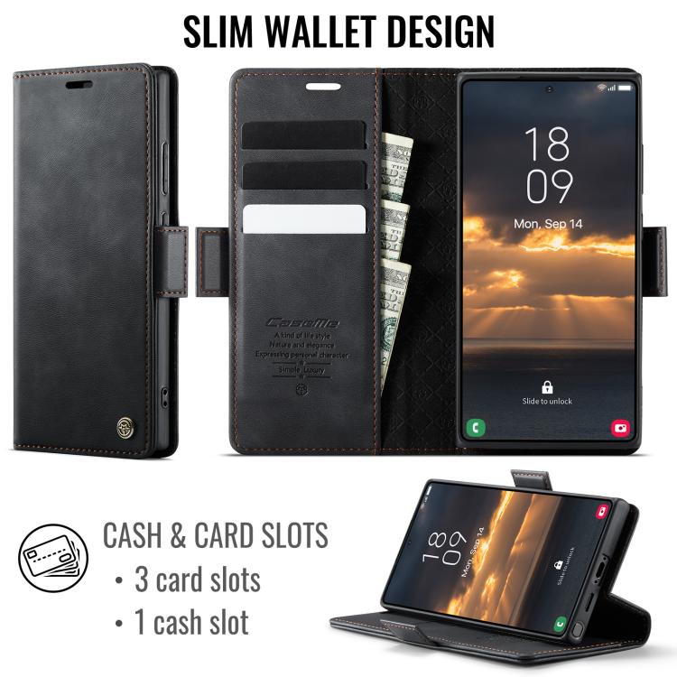 Funda CaseMe 033 para Samsung Galaxy S23 Ultra 5G, forro de piel de becerro, microfibra, con bloqueo RFID (negra)