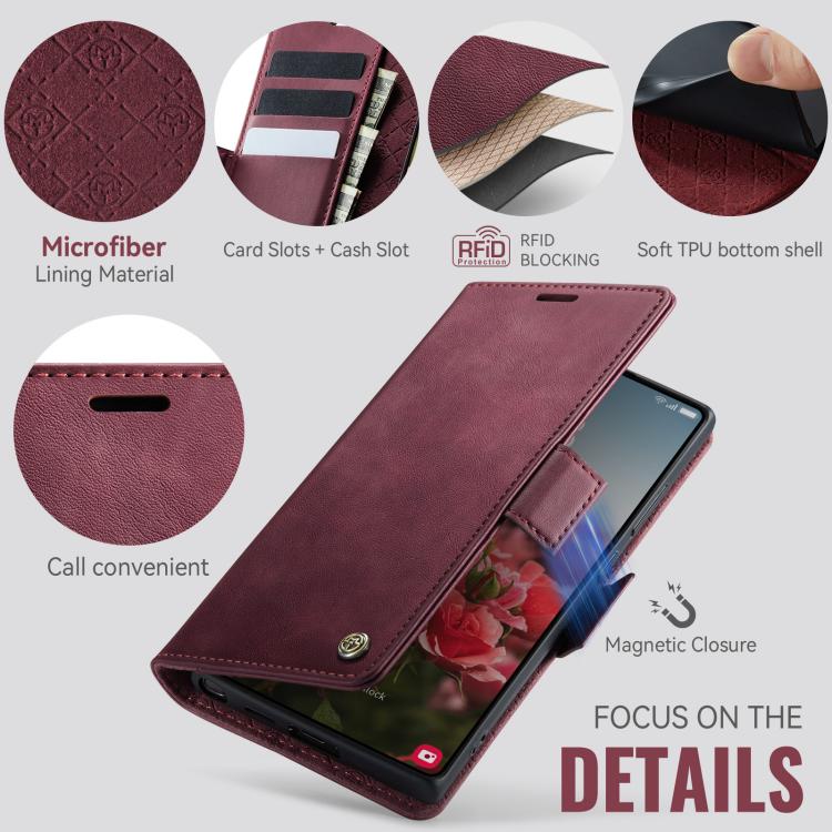 Funda CaseMe 033 para Samsung Galaxy S23 Ultra 5G, forro de piel de becerro, microfibra, con bloqueo RFID (roja)