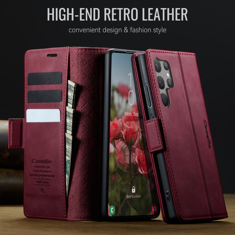 Funda CaseMe 033 para Samsung Galaxy S23 Ultra 5G, forro de piel de becerro, microfibra, con bloqueo RFID (roja)