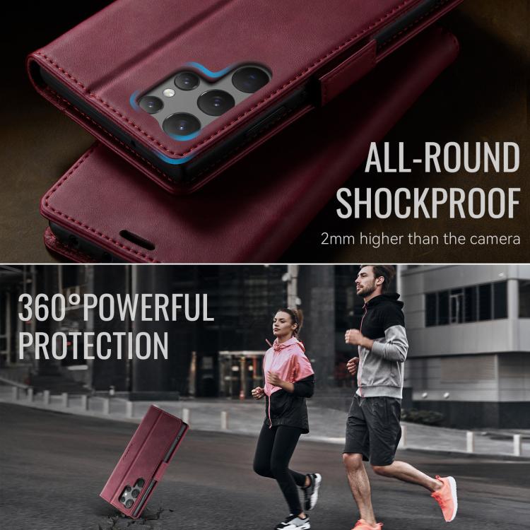 Funda CaseMe 033 para Samsung Galaxy S23 Ultra 5G, forro de piel de becerro, microfibra, con bloqueo RFID (roja)