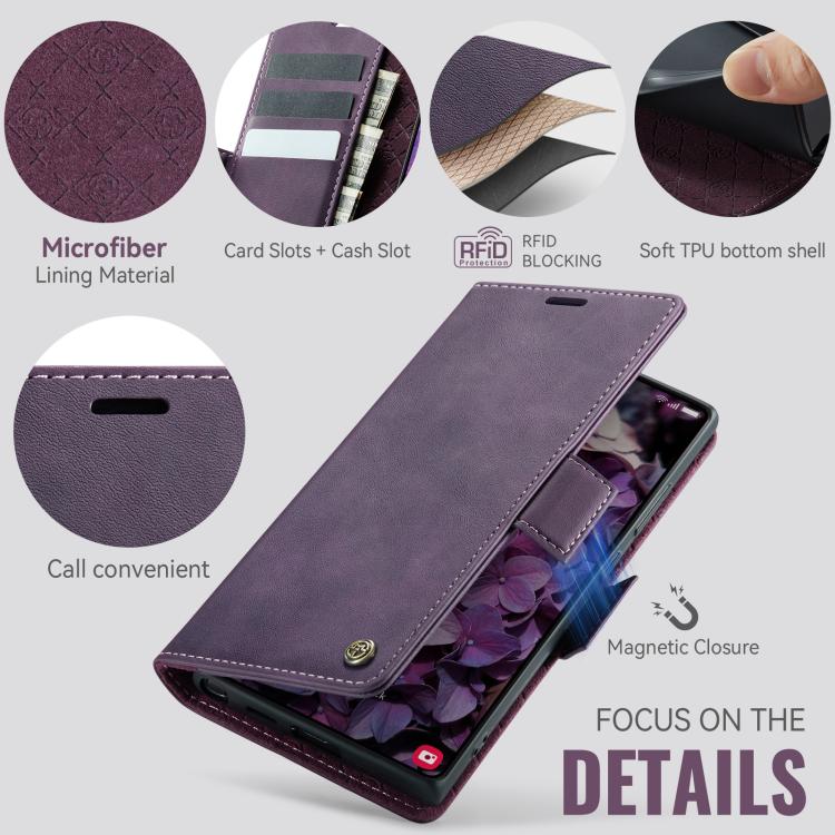 Funda CaseMe 033 para Samsung Galaxy S23 Ultra 5G, forro de piel de becerro, microfibra, con bloqueo RFID (morado)