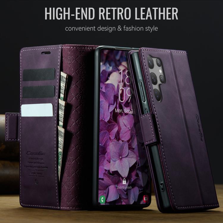 Funda CaseMe 033 para Samsung Galaxy S23 Ultra 5G, forro de piel de becerro, microfibra, con bloqueo RFID (morado)