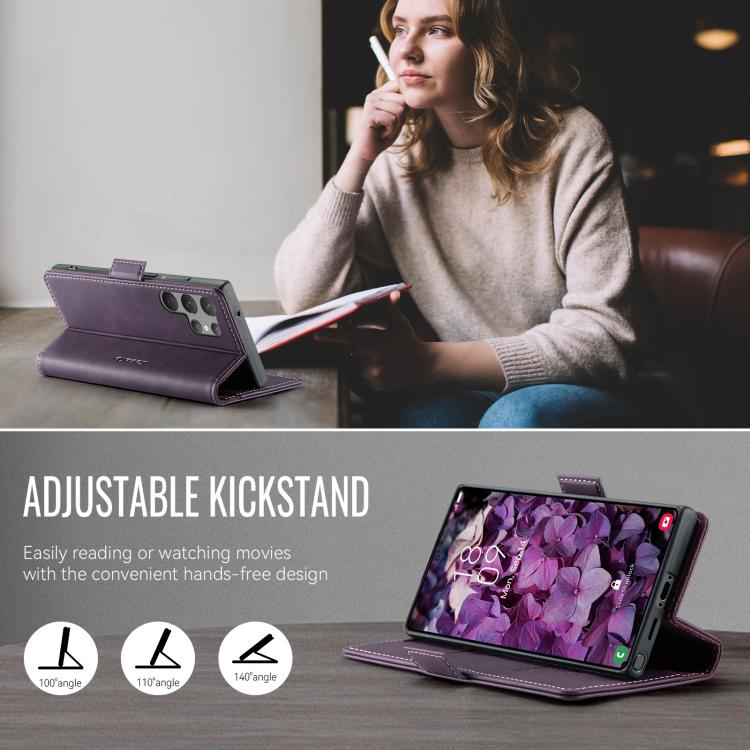 Funda CaseMe 033 para Samsung Galaxy S23 Ultra 5G, forro de piel de becerro, microfibra, con bloqueo RFID (morado)