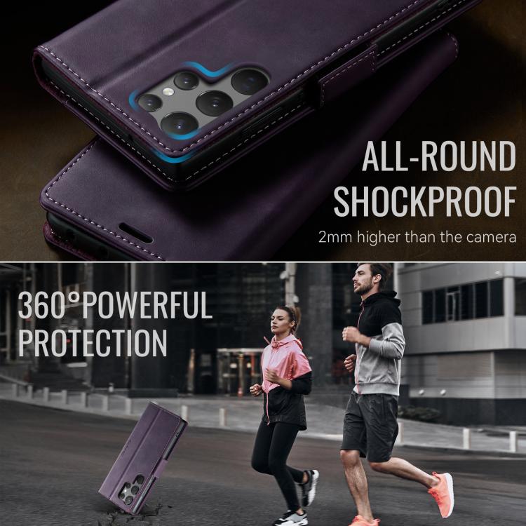 Funda CaseMe 033 para Samsung Galaxy S23 Ultra 5G, forro de piel de becerro, microfibra, con bloqueo RFID (morado)