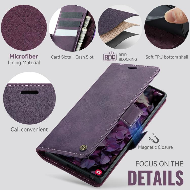 Funda CaseMe 033 para Samsung Galaxy Note10+, forro de piel de becerro, microfibra, con bloqueo RFID (morado)