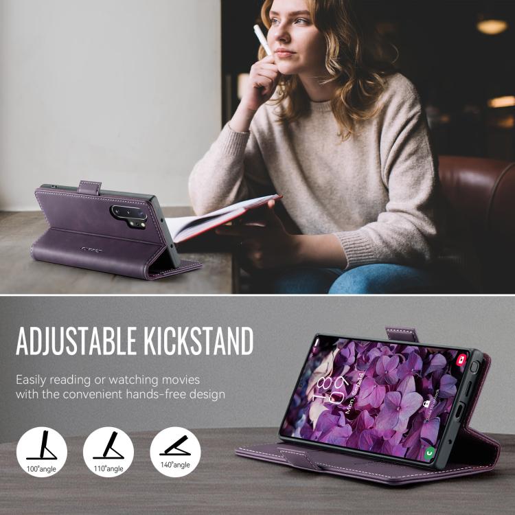 Funda CaseMe 033 para Samsung Galaxy Note10+, forro de piel de becerro, microfibra, con bloqueo RFID (morado)