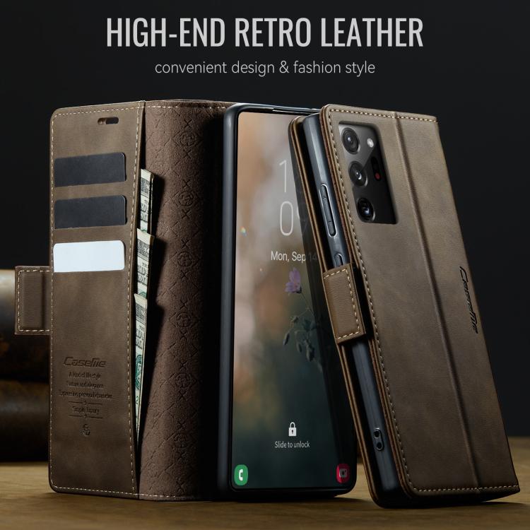 Funda CaseMe 033 para Samsung Galaxy Note20 Ultra, forro de piel de becerro, microfibra y bloqueo RFID (café)