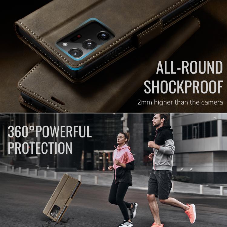 Funda CaseMe 033 para Samsung Galaxy Note20 Ultra, forro de piel de becerro, microfibra y bloqueo RFID (café)