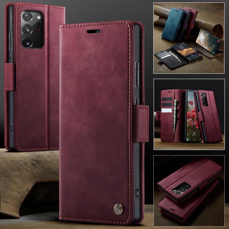 Funda CaseMe 033 para Samsung Galaxy Note20 Ultra, forro de piel de becerro, microfibra, con bloqueo RFID (roja)