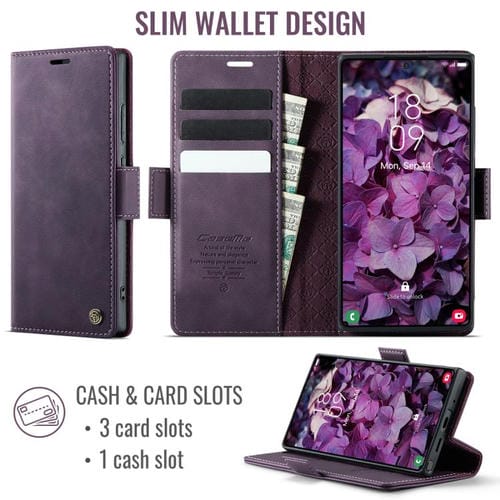 Funda CaseMe 033 para Samsung Galaxy Note20 Ultra, forro de piel de becerro, microfibra y bloqueo RFID (morado)
