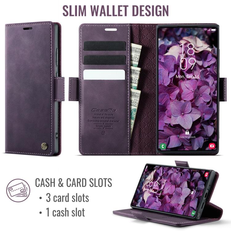 Funda CaseMe 033 para Samsung Galaxy Note20 Ultra, forro de piel de becerro, microfibra y bloqueo RFID (morado)