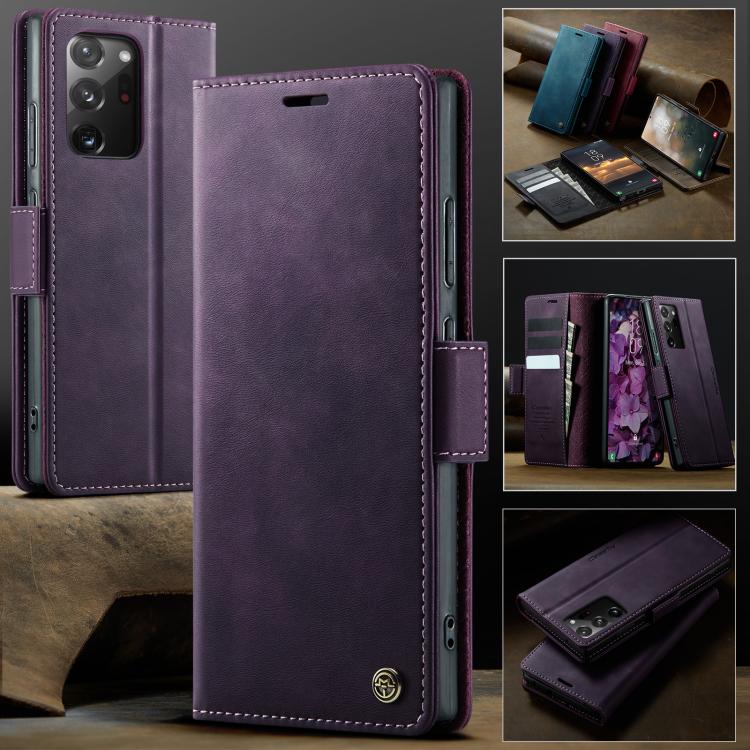 Funda CaseMe 033 para Samsung Galaxy Note20 Ultra, forro de piel de becerro, microfibra y bloqueo RFID (morado)